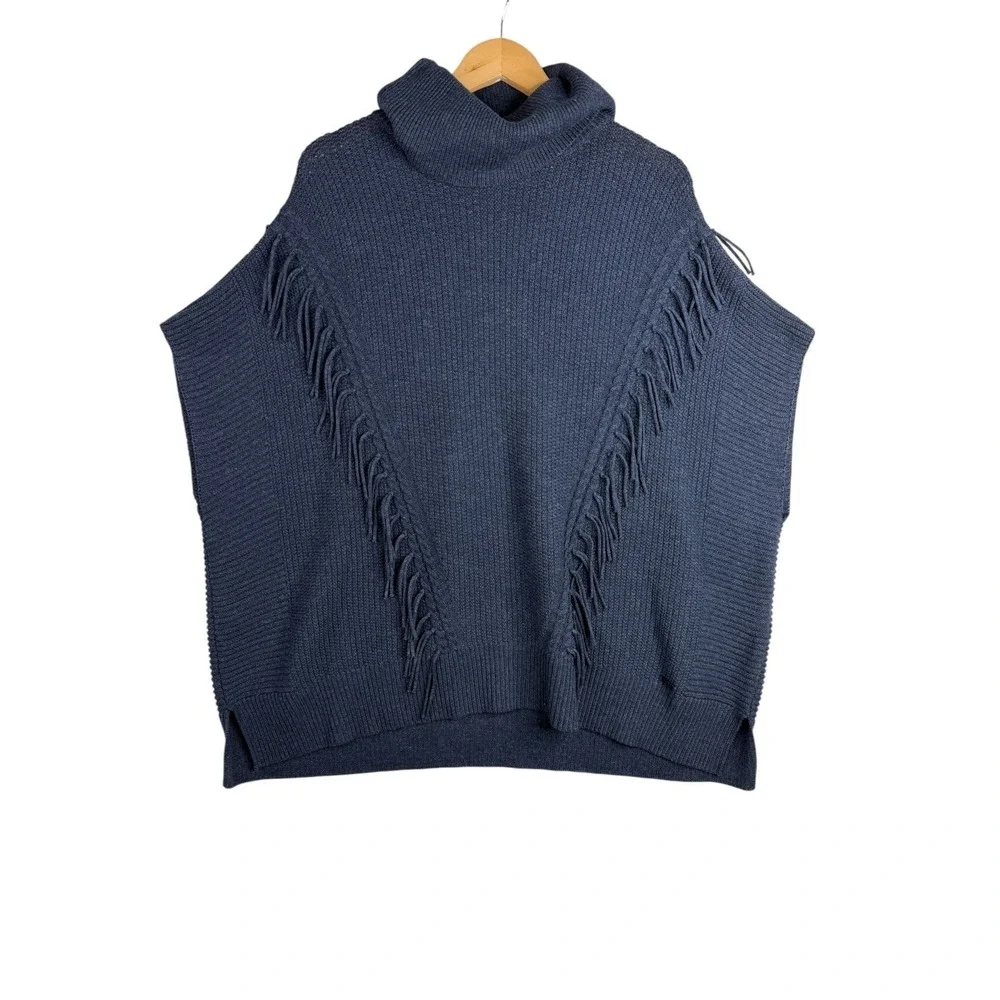 New Anne Klein Fringe Turtleneck Poncho size Small/Medium Blue‎